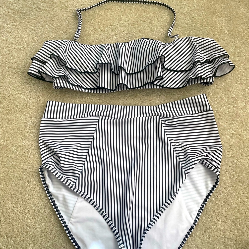 High Waisted 2 Piece Bikini Set Bandeau Ruffle Swimsuit Top Striped Bathing Suit